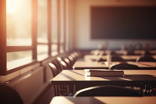 School class interior. Blackboard and desks. Education concept