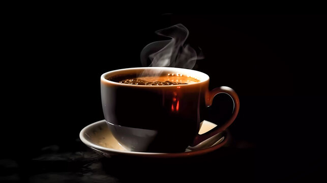 Isolated cup of hot coffee on black background. Generative AI technology.