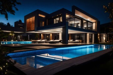 Modern villa with pool, night scene - obrazy, fototapety, plakaty