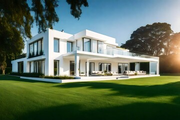 Fototapeta premium Beautiful contemporary white house with lush grass and blue sky twilight and daylight