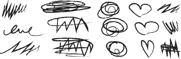 Hand drawn ovals. Highlight circles set.red heart, hand drawn on a black chalkboard. Vector illustration