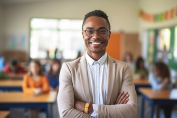 Obraz premium A young Afro-American teacher teaches a group of children from different races and ethnicities about the challenges and opportunities of intercultural education.