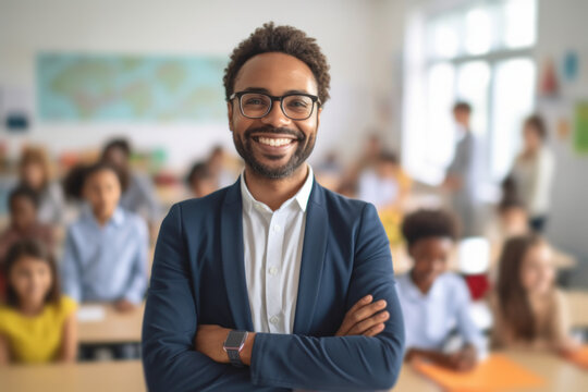 A Young And Promising Afro-American Teacher Smiles Content And Proud In His Classroom, With His Students Reflecting The Richness And Diversity Of Humanity In The Classrooms.