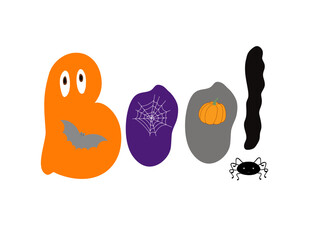 Boo! Traditional Halloween scary phrase holiday design element quote for poster, greeting card, invitation, cartoon style handwritten word, cute lettering for kids