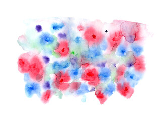 Bright expressive pink, blue and green watercolor background with textured blobs and stains. Abstract floral nature illustration with red flowers for decoration, banner design, package