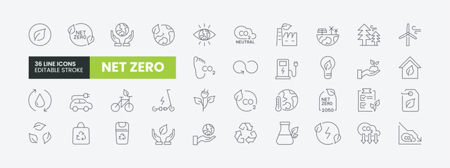 Fototapeta na wymiar Set of 36 Net Zero line icons set. Net Zero outline icons with editable stroke collection. Includes Carbon footprint, CO2 neutral, net zero, Solar Energy, Wind Power, Renewable Energy and More.