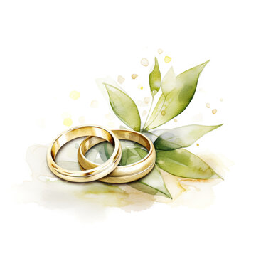 Gold Wedding Rings and Green Plant Watercolor Painting Paper Textured on White Background