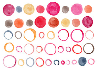 Collection of bright pink, orange, indigo watercolor circles, rings and blobs. Cute bright textured hand painted round elements for kids textile design, wrapping paper, stickers, labels