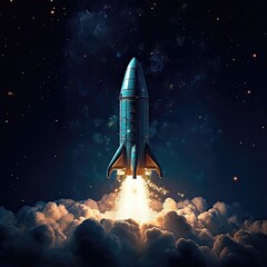 Fototapeta premium Rocket taking off into space. Square vector illustration