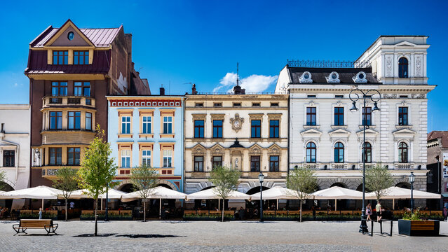 Europe - Poland - Cieszyn -  old town square architecture - Blue sky old buildings facades - high quality