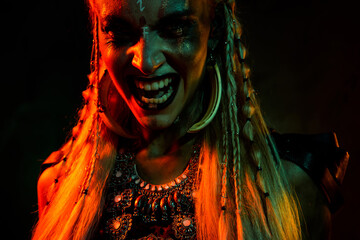 Photo of mad angry mysterious lady wear viking clothes showing teeth biting isolated dark orange color background