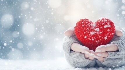 Female hands in knitted mittens with snowy heart against snow background - obrazy, fototapety, plakaty