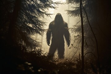 Rare shot of the mysterious bigfoot in a forest. - obrazy, fototapety, plakaty