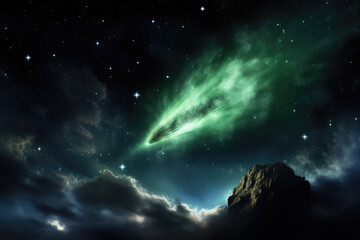 Captivating view of a green nebula shining near a towering rock in the bustling night sky. Perfect for astronomy enthusiasts and celestial wonders.