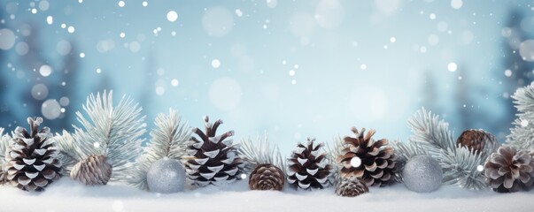 Fototapeta na wymiar A white winter background with snow and pine cones