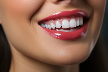 Fototapeta premium Perfect healthy teeth smile of young woman, face of girl close up. Teeth whitening. Dental care, stomatology concept.