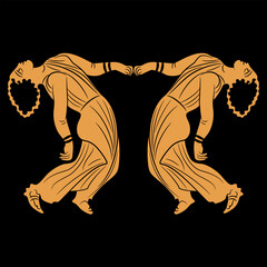 Fototapeta premium Symmetrical ethnic design with two dancing ancient Greek women bent back and holding hands. Vase painting style. Black and orange silhouette.