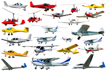 Flying boats, sailplanes, light planes on white background