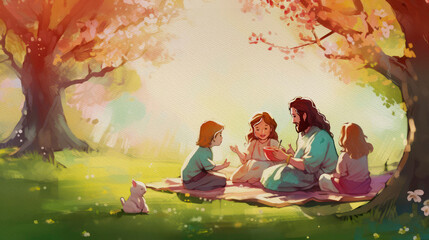 Obraz na płótnie Canvas Jesus Teaching Children, biblical illustration, generative ai.