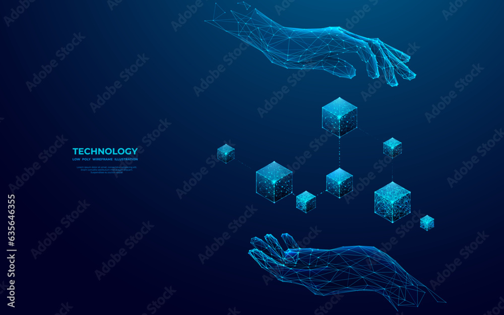 Leinwandbilder abstract digital hands holding hologram of blockchain icon in futuristic low poly wireframe style. v