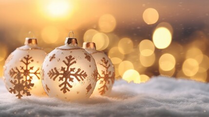 Winter background with Christmas toys in snow, snowflakes, with beautiful light and bokeh on orange sky in evening, copy space. Generative AI