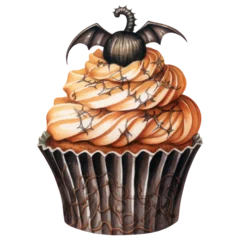 Fotobehang Aquarel doodshoofd Delicious Vintage Halloween Cupcake Watercolor, Retro Sweet and Spooky Dessert, Pumpkin, Spider. Isolated on Transparent Background. Generative AI