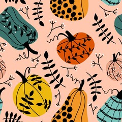 Obraz na płótnie Canvas Halloween pumpkins seamless autumn harvest vegetable pattern for wrapping paper and fabrics and kids