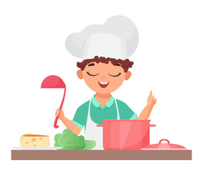 Little chef child cooking. Little boy in kitchen preparing soup vector illustration