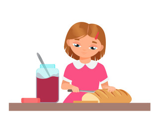 Little girl preparing toasts. Kid in kitchen prepare bread with jam vector illustration