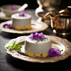Fototapeta na wymiar Tea-infused Bliss: Lavender Earl Grey Panna Cotta Enjoyed in a Refined Tea Setting