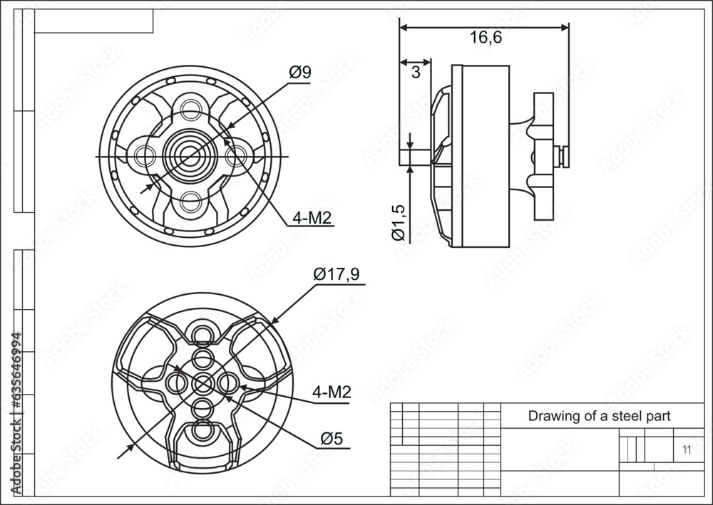 Wall mural engineering cad scheme of motor. vector drawing of a steel mechanical part with through holes. techn