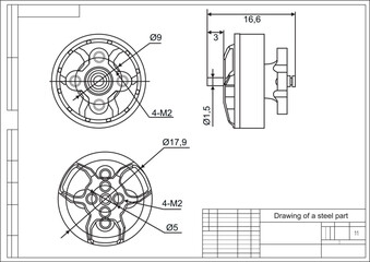 Engineering cad scheme of motor.
Vector drawing of a steel mechanical part with through holes. Technical background.
