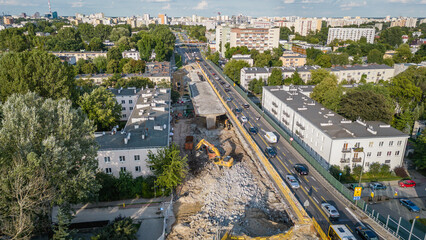 Fototapeta na wymiar Warsaw, Poland - July 27, 2023: Reconstruction work on the viaducts at Lazienkowska Thoroughfare in Saska Kepa, Warsaw