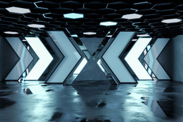 3D rendering of epic hall with neon direction elements and hexagonal ceiling