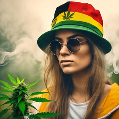 young woman with germany flag colors fisherman hat with cannabis symbols wears sunglasses. German government plans to legalize cannabis. German drug policy.