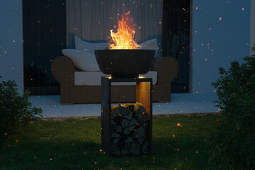 3D rendering of a beautful garden with rattan furniture and rusty firebowl in the night