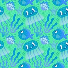 Cartoon fish seamless jellyfish and shall and coral pattern for fabrics and wrapping paper and kids clothes print