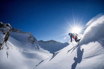 Sunlit Alpine Descent: Thrilling Ski Adventure on a Sunny Day Amidst Snow-Capped Mountains, ai generative