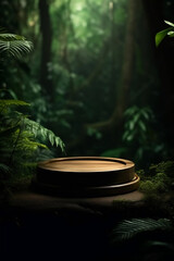 Product display podium made of natural wood and surrounded by plants and green leaves, inspired by nature