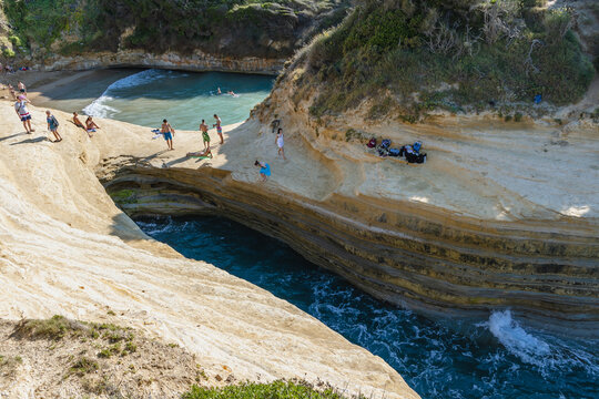 Afionas, Greece - June 19, 2021: Drone photo of Kanali tou Erota - Channel of Love in Sidari village