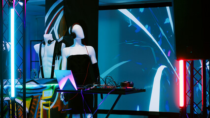 Empty nightclub with stereo and lights, mixing panel used for dj at underground party with disco...