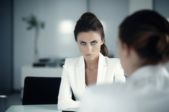 angry looking business woman or company boss to her 
employee