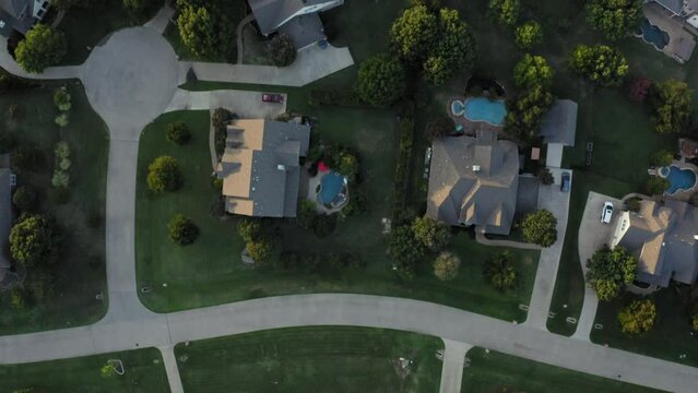 Straight down aerial view of neighborhood in Parker Texas at sunset