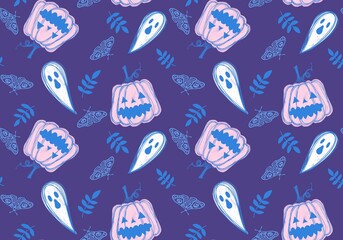 Autumn cartoon harvest vegetable seamless Halloween pumpkins and ghost pattern for wrapping paper and fabrics