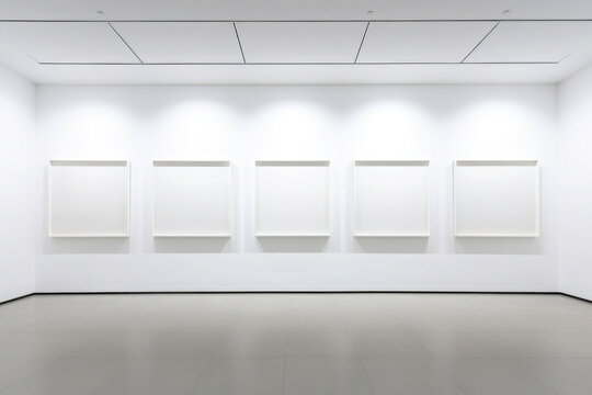 five empty blank white frames in a room or gallery