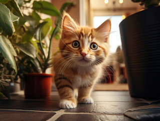 Cat sneaking on floor, domestic cat hunts and plays