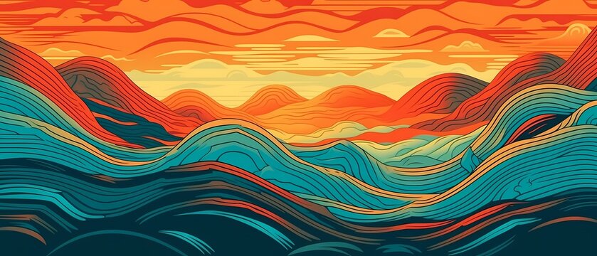 Background maze ocean, waves, sun, clouds, with parallel lines illustration