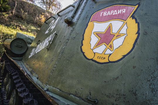 Korosten, Ukraine - September 28, 2014: ISU-152 tank in front of Military museum in former bunker called Skala - The Rock in Korosten city