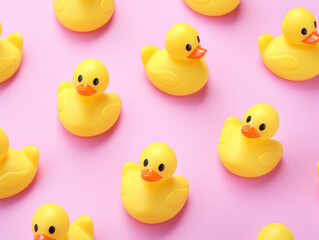 Pattern of yellow rubber ducks on a pink background