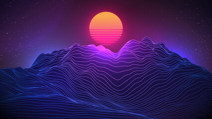 Synthwave Sunset Background. 80s Sun over line landscape. Dark starry sky. Virtual 3d scene. Perspective  terrain. Banner, party flyer, poster or cover template. Stock vector illustration